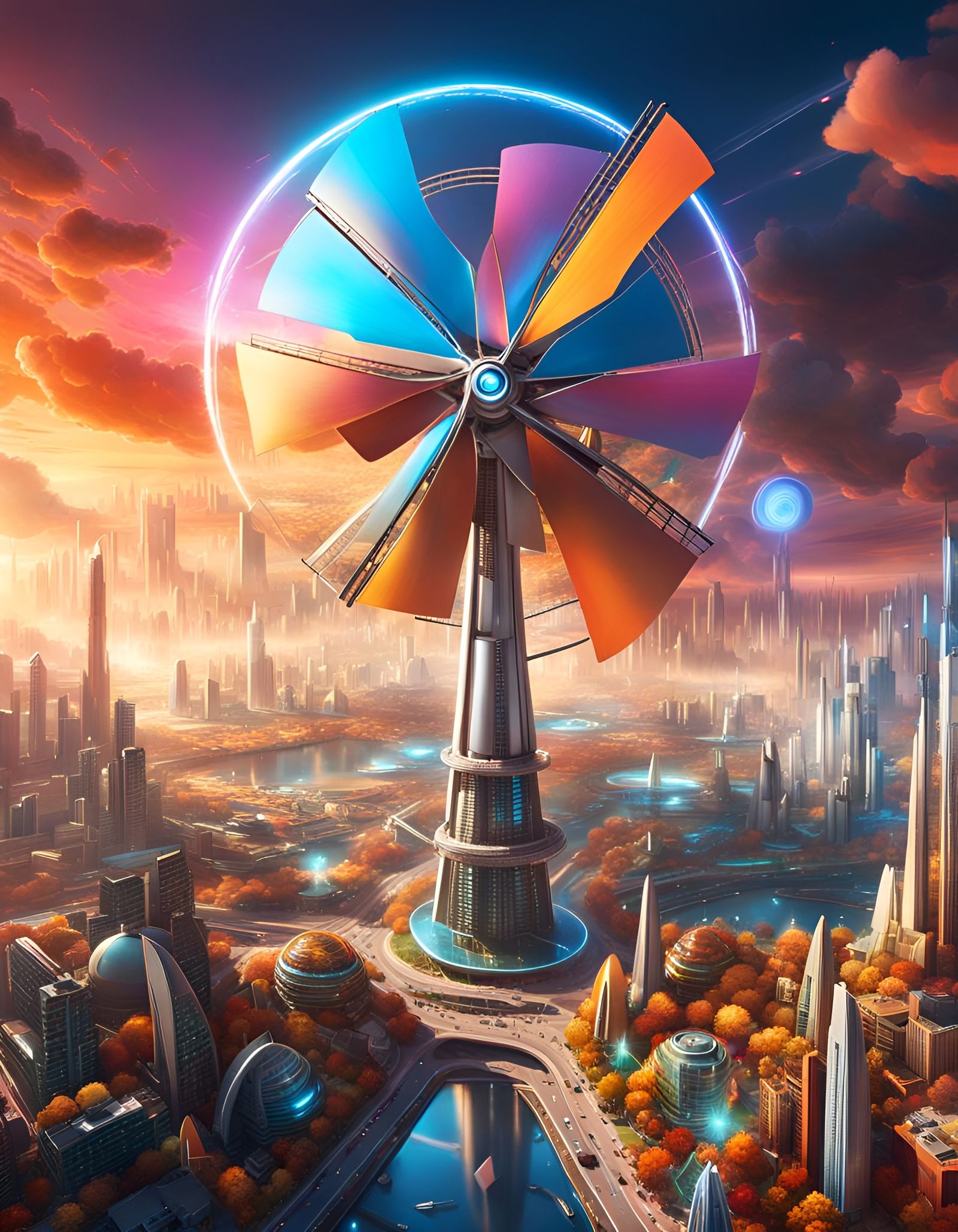 Futuristic City with Sci-Fi Windmill in Digital Art