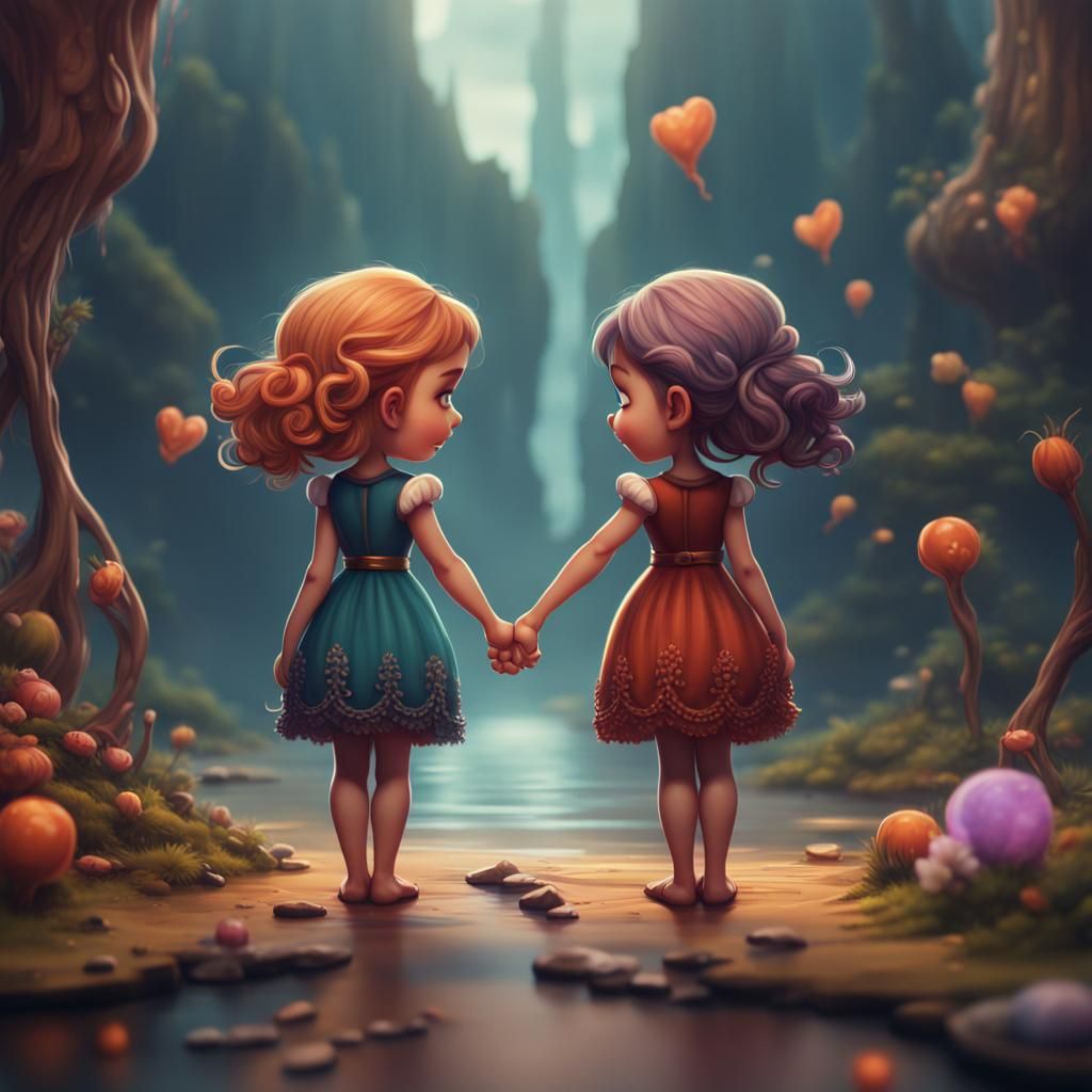 Cartoon Sisters Holding Hands Tattoo Design