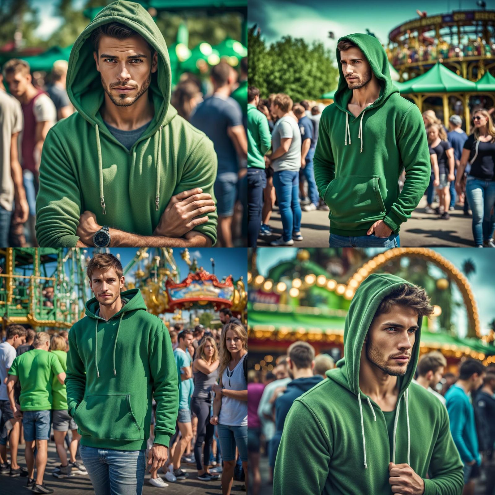 Young Man in Theme Park Queue, Hyperrealistic