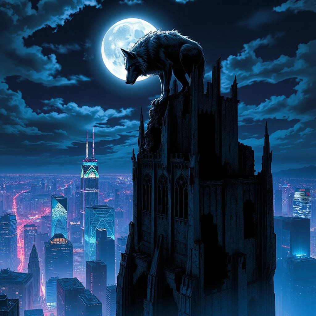 Werewolf Overlooking Neon City in Anime Style