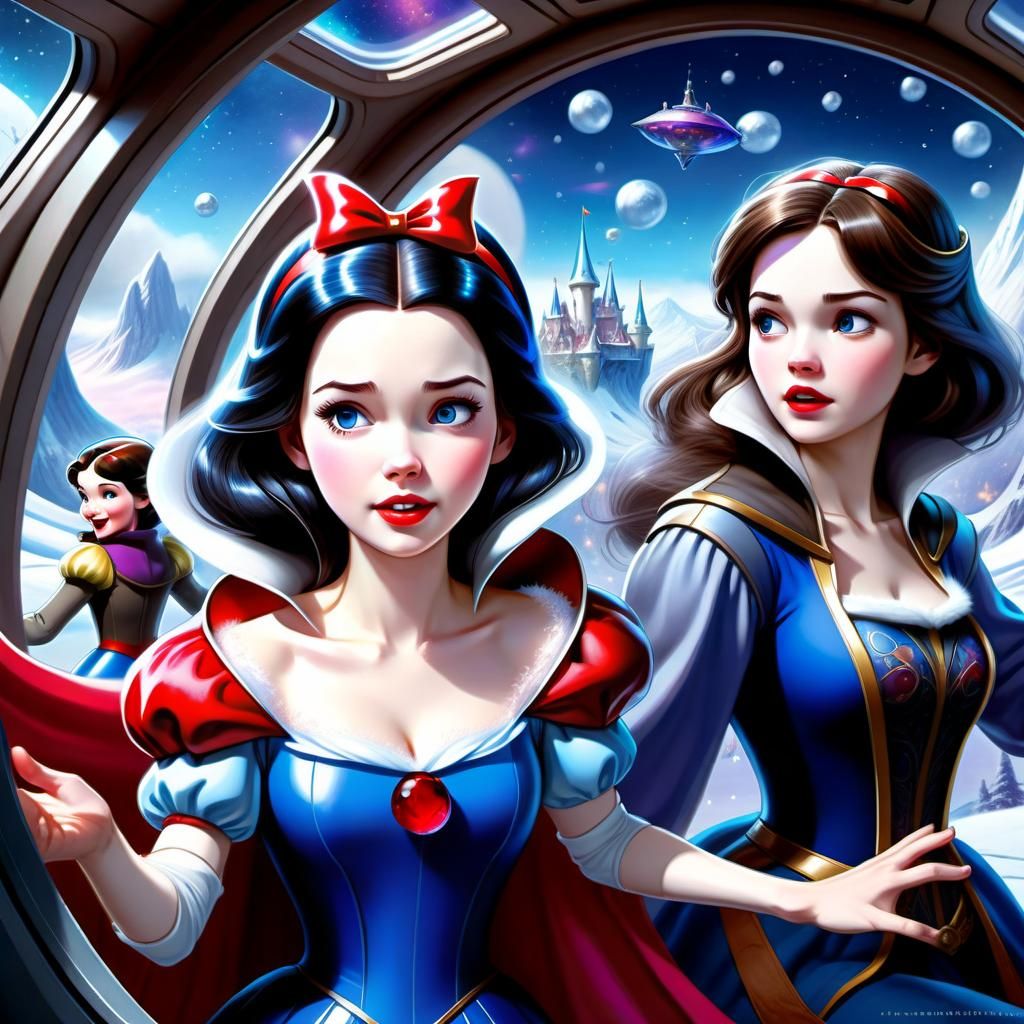 Snow White and her fellow princesses fly in Arendelle's spac...