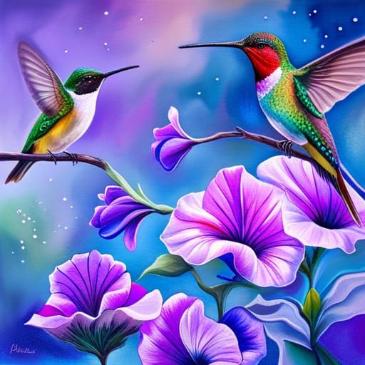 Hummingbird and Petunia Fantasy Illustration