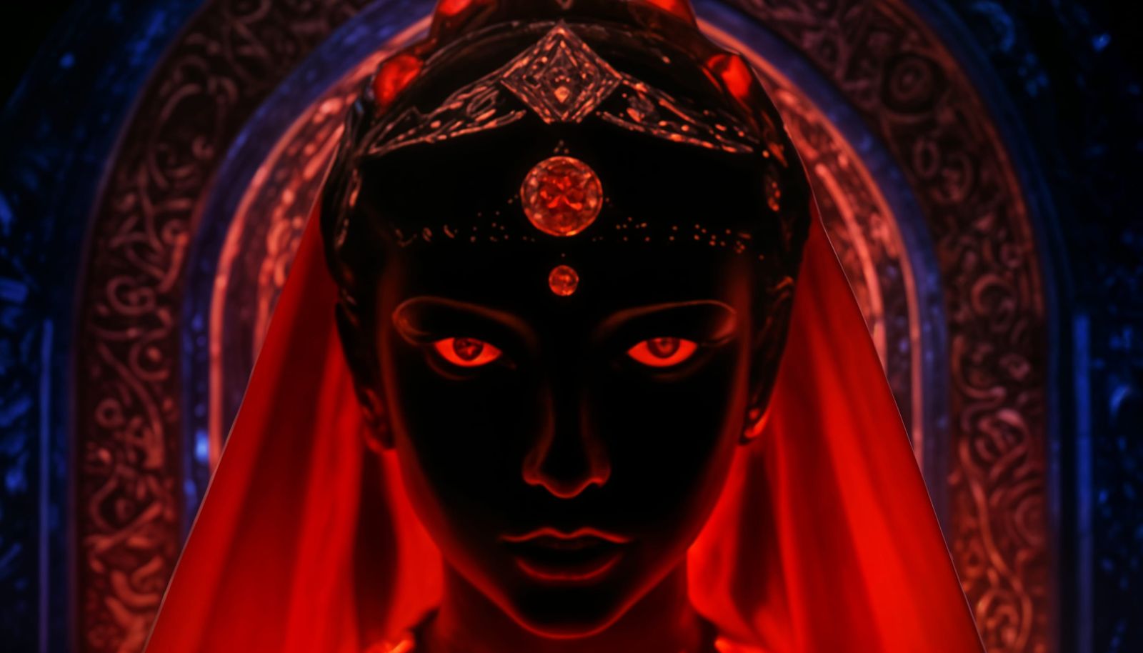 Vibrant Blacklight Goddess in Persian Throne Room