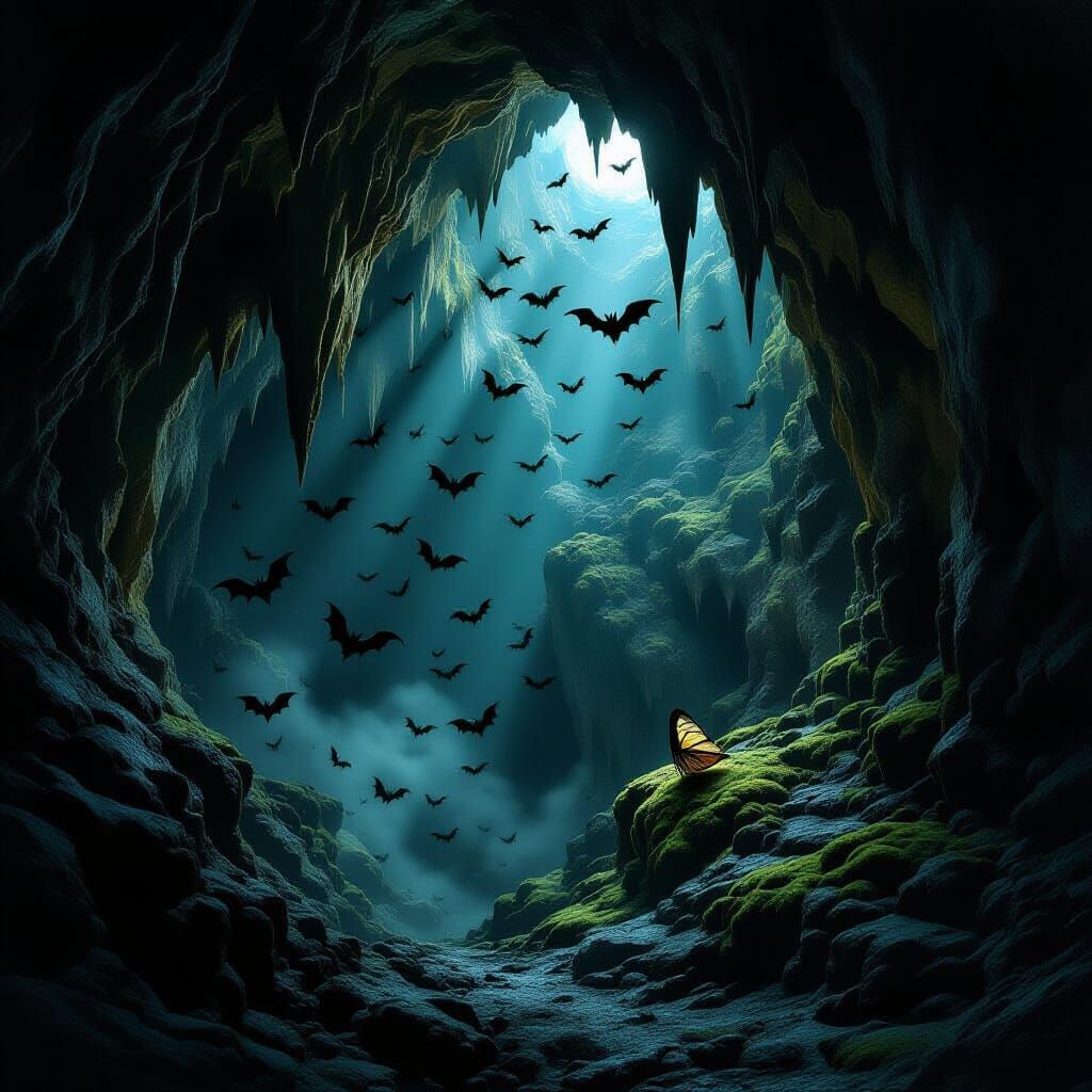Gloomy Cave with Bats and Moth in Chiaroscuro Light