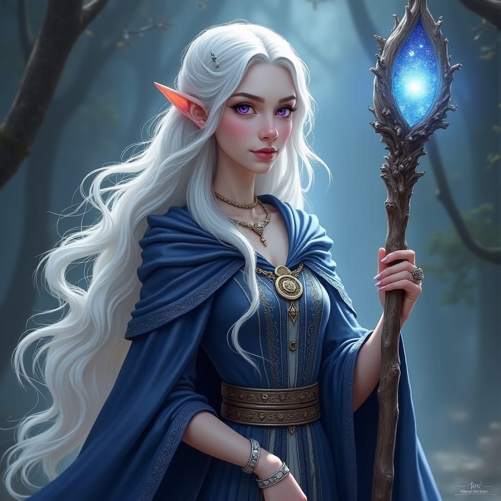 Elenara Silvershadow: Majestic Elven Wizard with Silver Hair