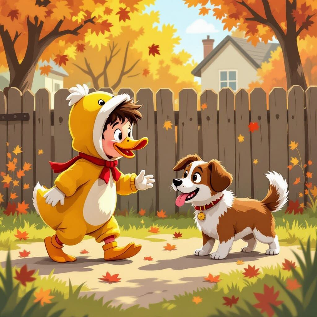 Boy in Duck Costume Sneaks Past Dog in Autumn Backyard