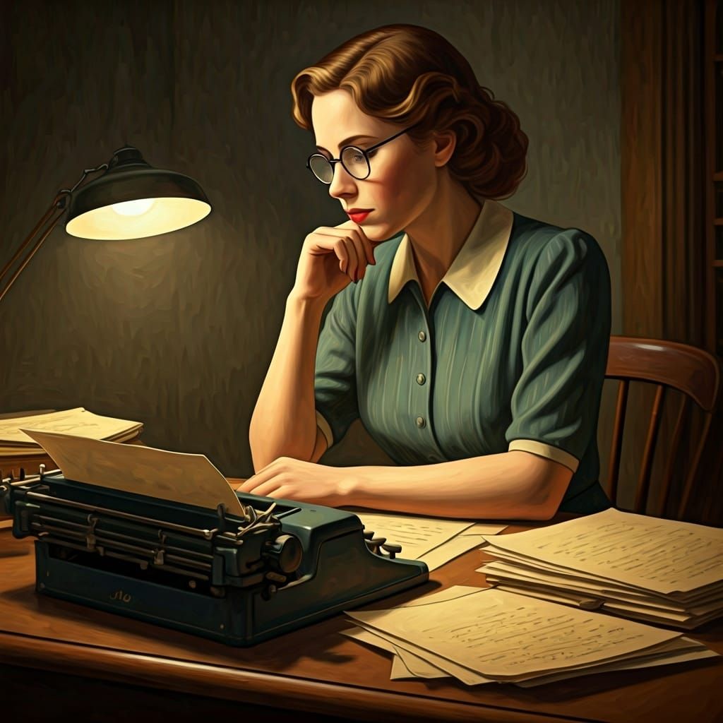 Contemplative Woman at Typewriter in Southern Gothic Style