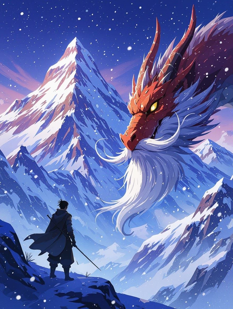 Majestic Dragon Gazing at Snow-Capped Mountain Peak in Vibra...