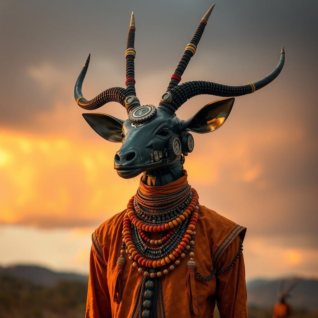 Afrofuturist Masai Cyborg Antelope in Golden Hour