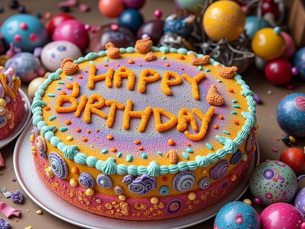 Surreal Birthday Cake Amidst Vibrant Balloons