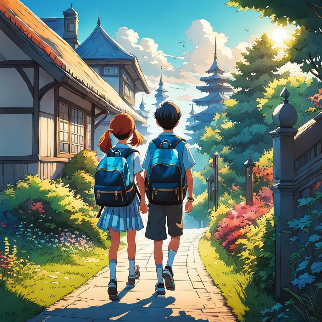 Anime Siblings Walk to School in Fairytale Setting