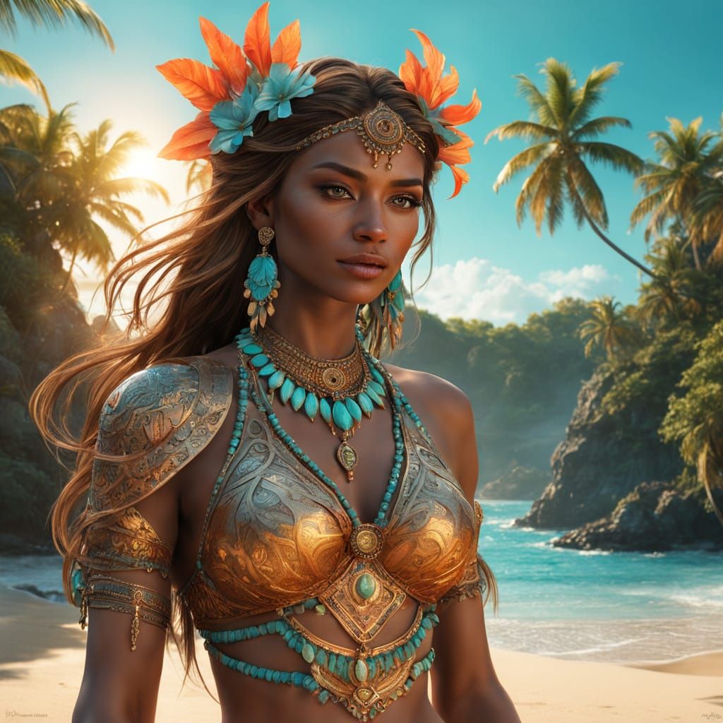 Serene Sunset Goddess on Tropical Beach