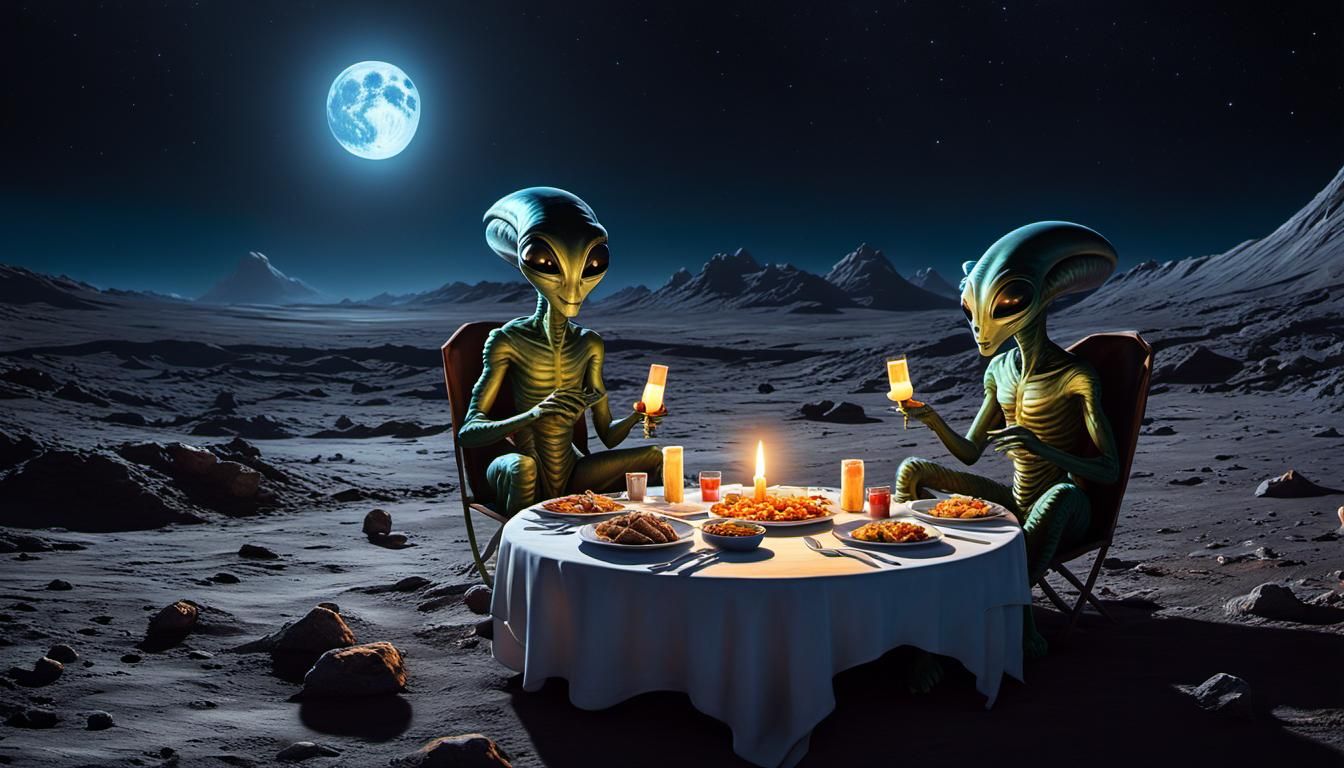 Aliens' Moonlit Dinner, Surreal Digital Illustration