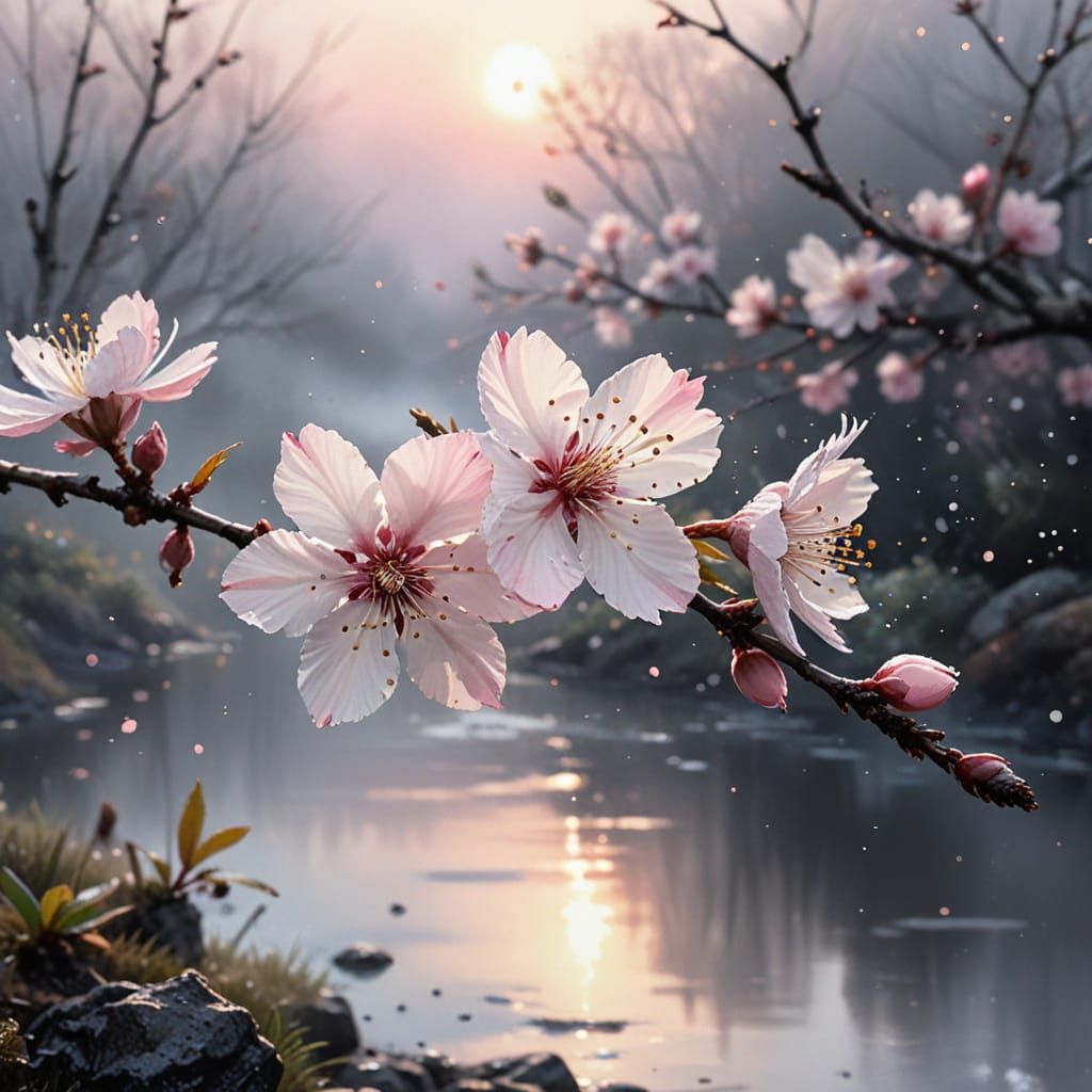 Cherry Blossom Branch in Misty Dawn, Watercolour Style