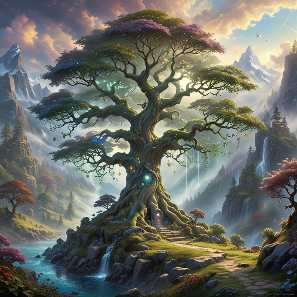Ethereal Fantasy World Tree in Hyperdetailed Misty Landscape