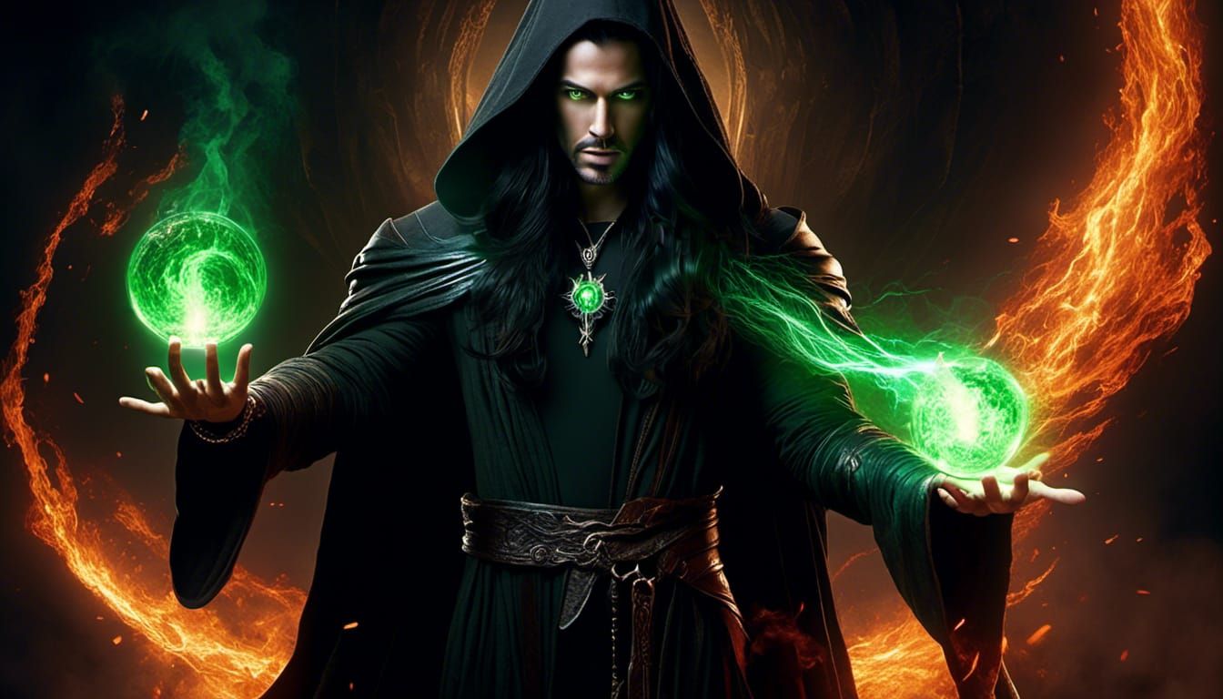 Cloaked Wizard Casting Spell with Elemental Magic