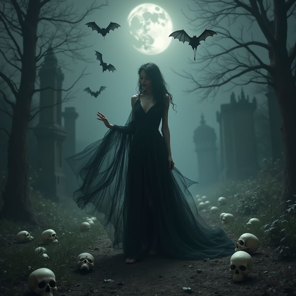 Ethereal Vampire in Fog-Shrouded Graveyard