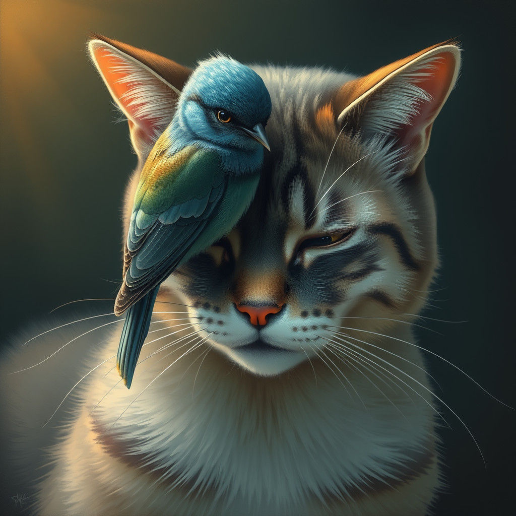 Cat and Nightingale in Dreamy Still Life