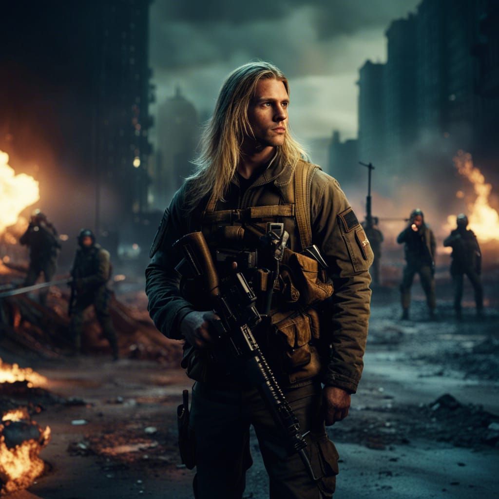 Post-Apocalyptic Infantryman in Fiery Ruins