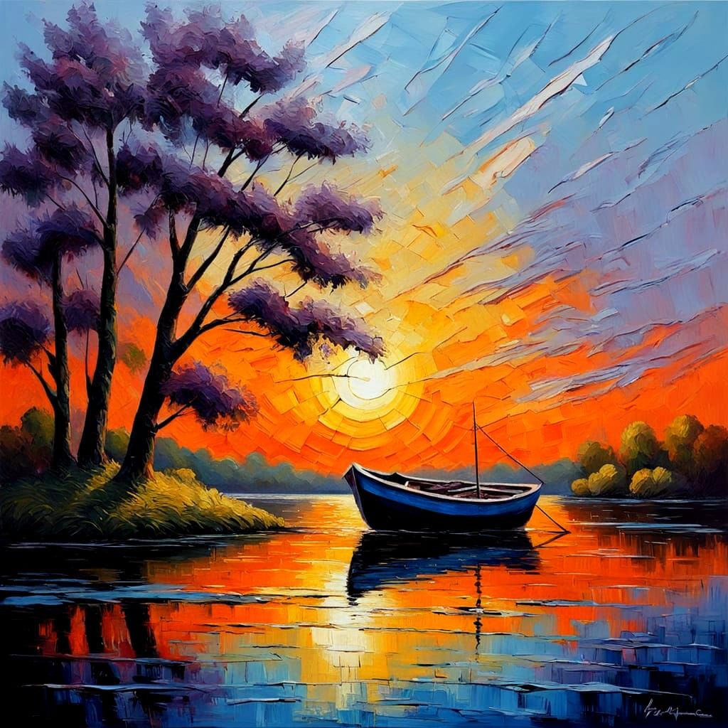 Vibrant Sunrise Oil Painting With Thick Textured Layers