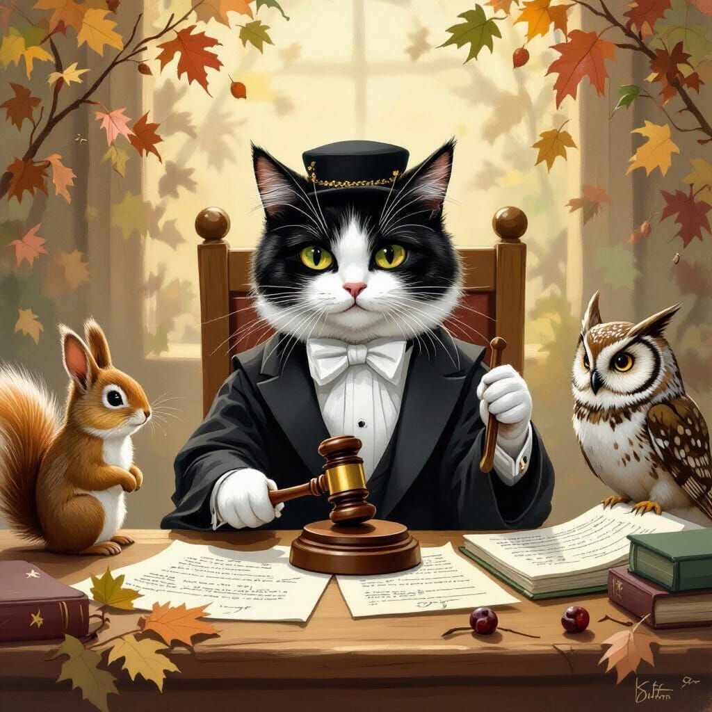 Tuxedo Cat Judge in Woodland Courtroom