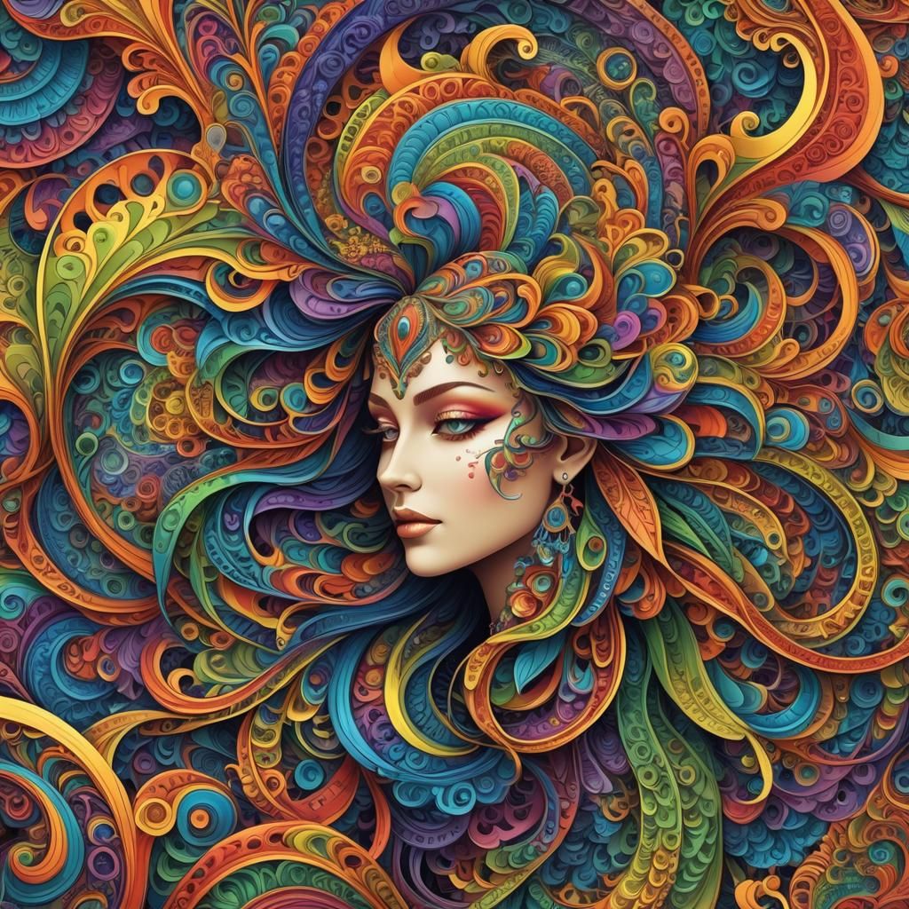 Abstract Rainbow Goddess in Fractal Zentangle Style