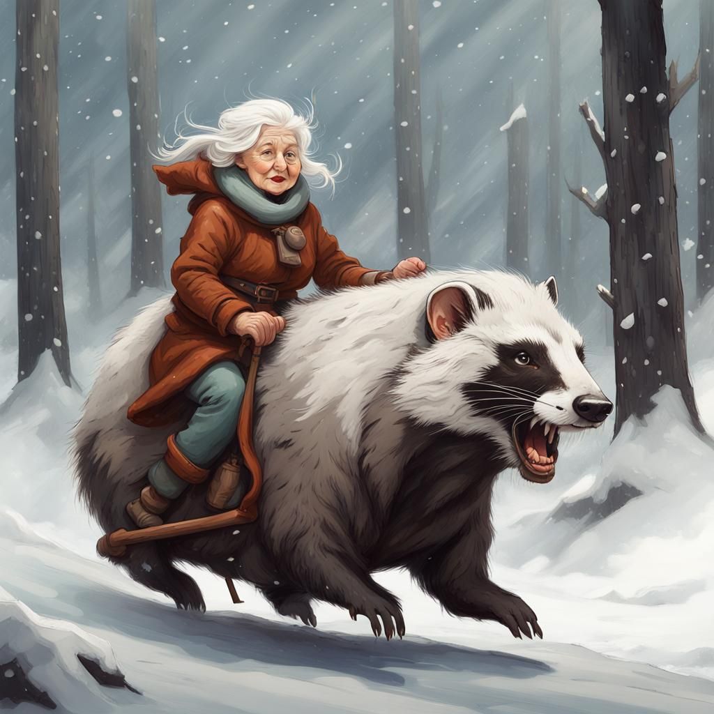 Gnome Woman Rides Badger in Cartoon Style