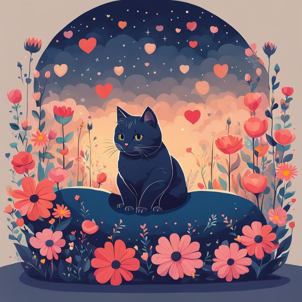 Whimsical Cat Surrounded by Blooming Flowers in a Kurzgesagt...