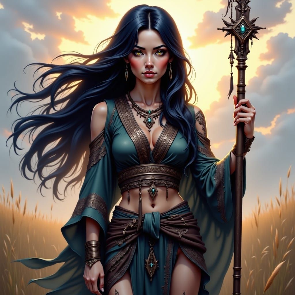 Native American Anime Woman in Plains with Spirits