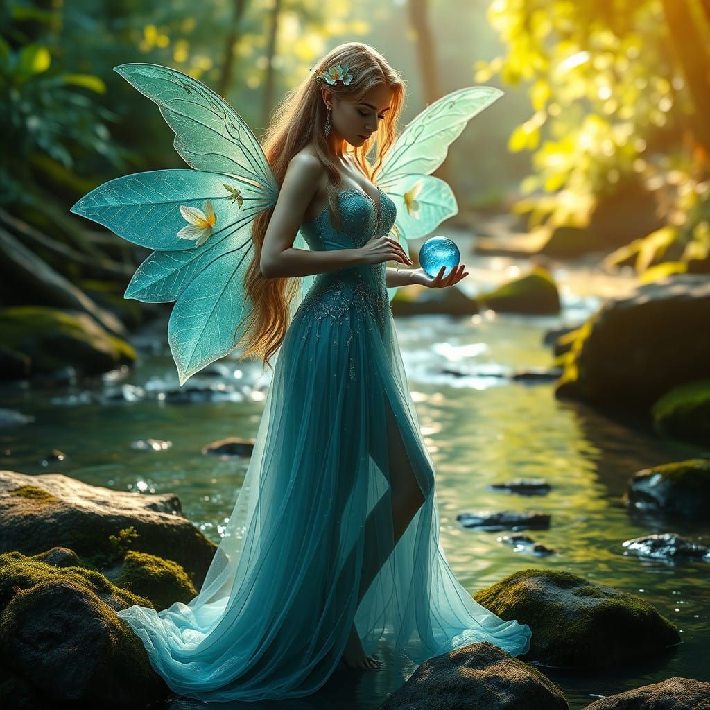 Enchanting Stream Fairy Standing by Woodland Brook in Ethere...