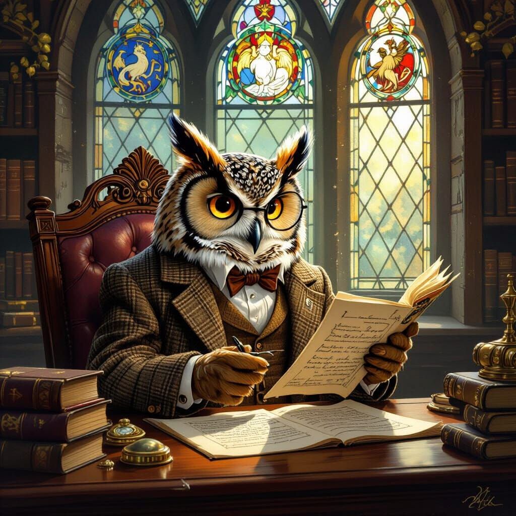 Anthropomorphic Owl Professor in Magical Library