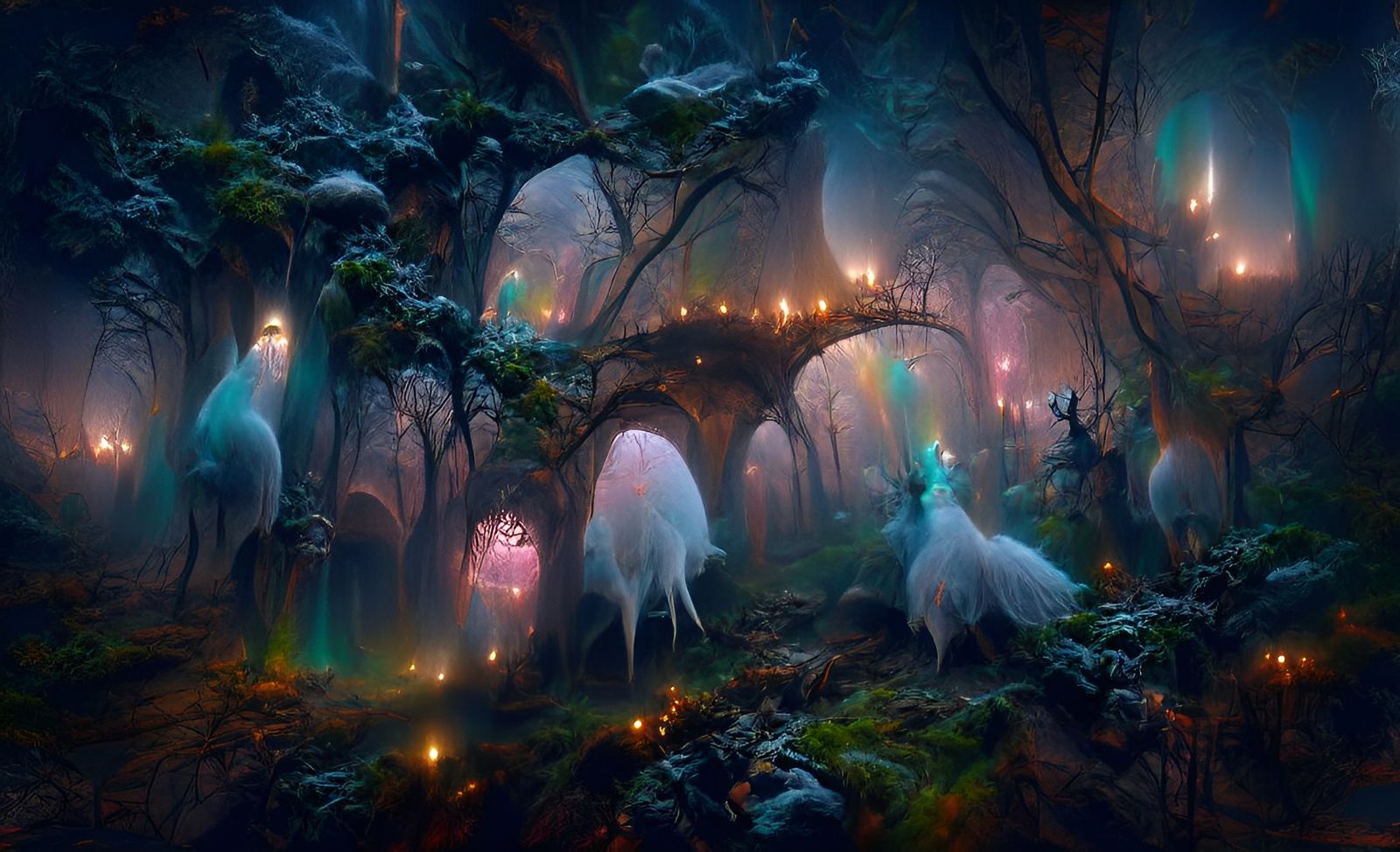 Enchanted Forest with Mysterious Animals in Ethereal Mist