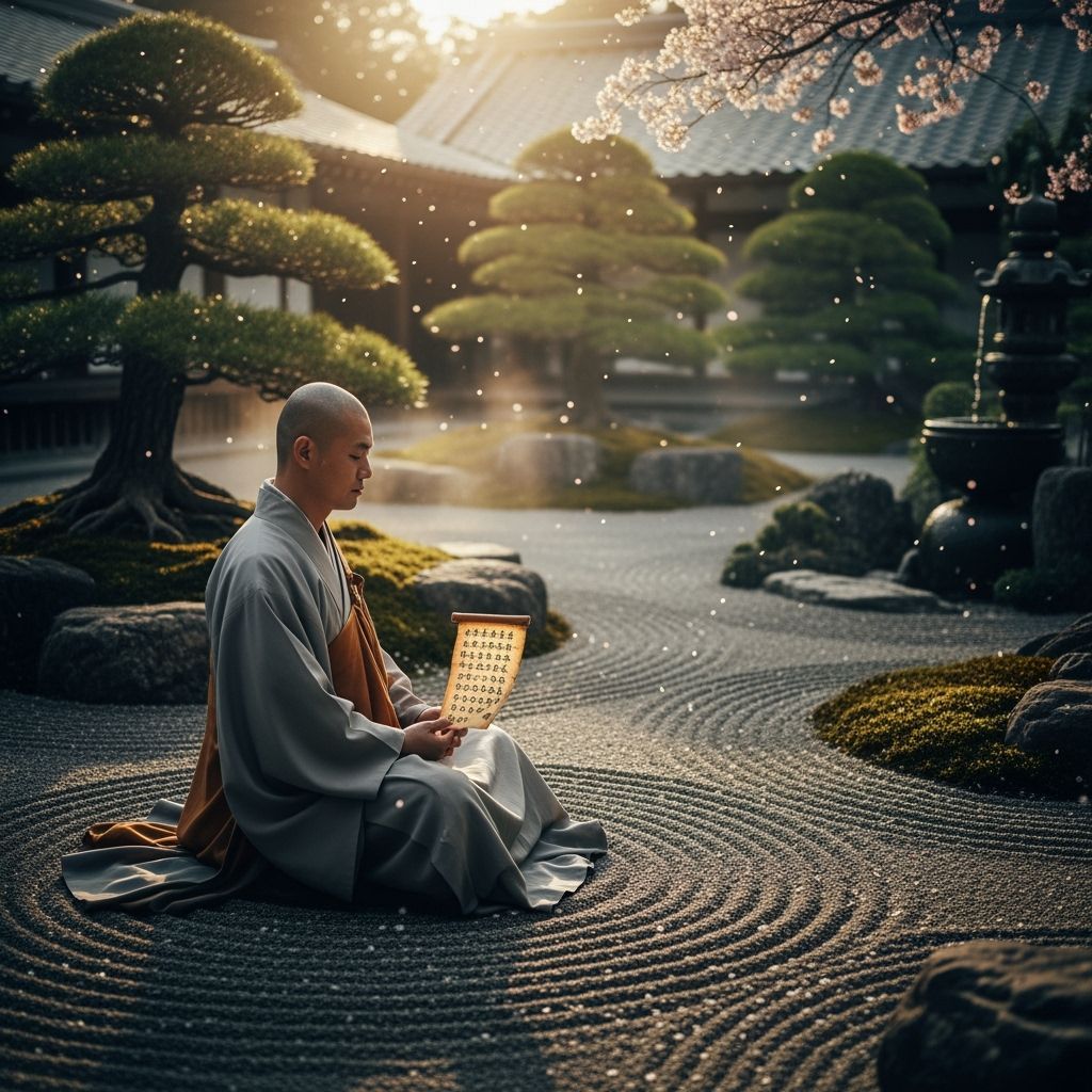 Zen Monk Meditating in Serene Monastery Garden
