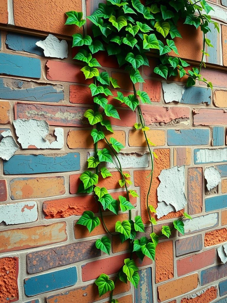 Fantasy Brick Wall with Emerald Ivy in Vibrant Colors