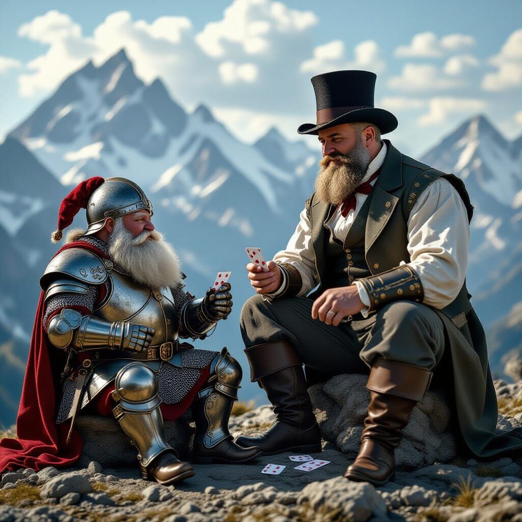 Dwarf and Giant Play Cards on Mountain Top