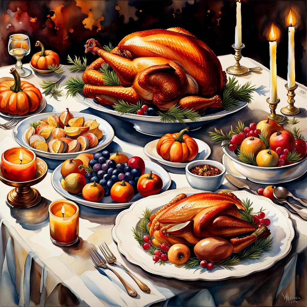 Thanksgiving Feast in Watercolor Art Style
