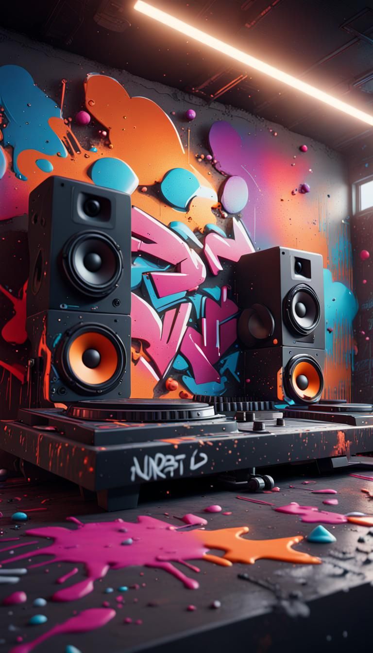 Epic background nfts unreal engine 5 Hyperrealistic Dj studio graffiti splash art Future feel warm feeling