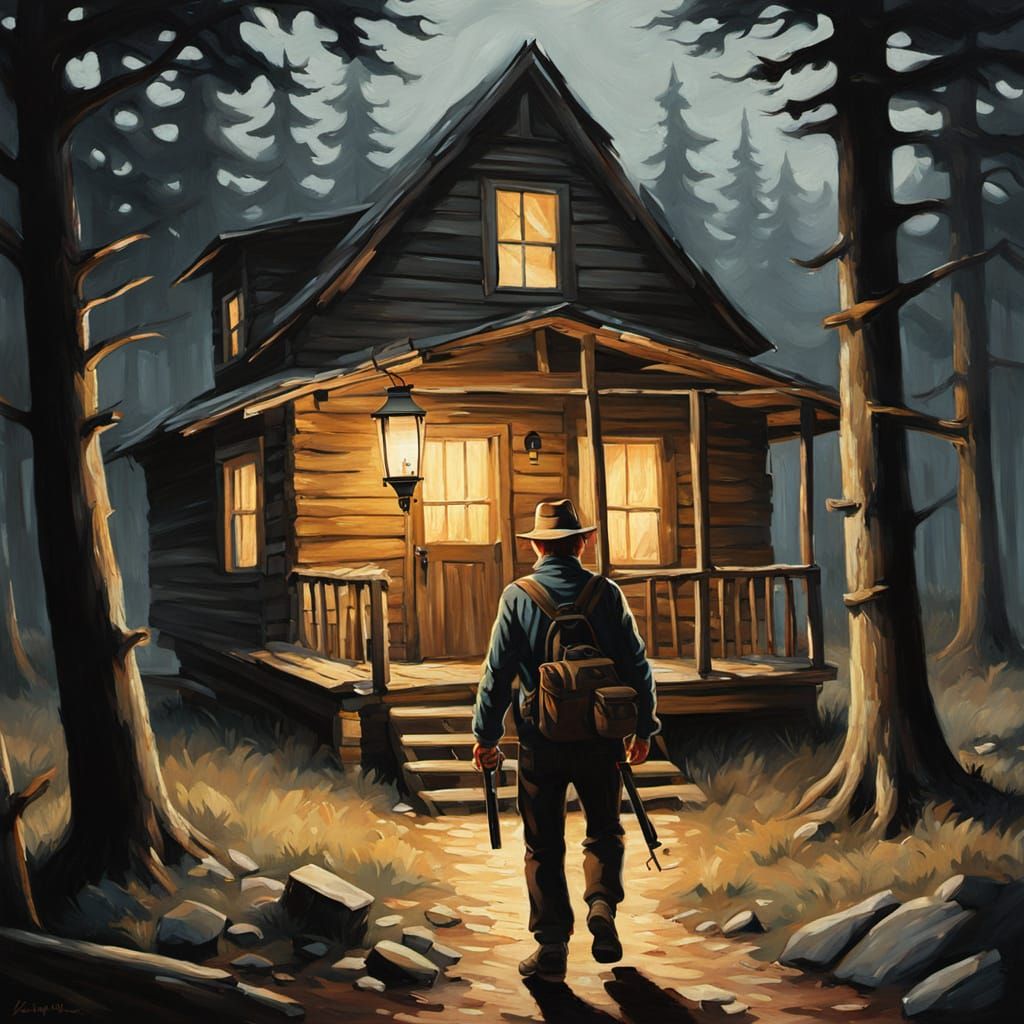 Cabin Dweller in Oil Painting with Lantern