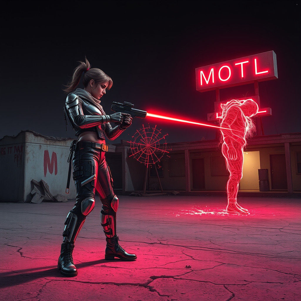 Cyberpunk Woman Firing Laser in Desert Night