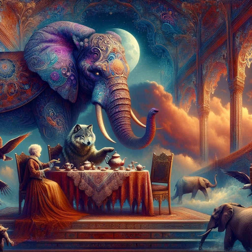 Wolf and Elephant Tea Party in Deep Fantasy Colors