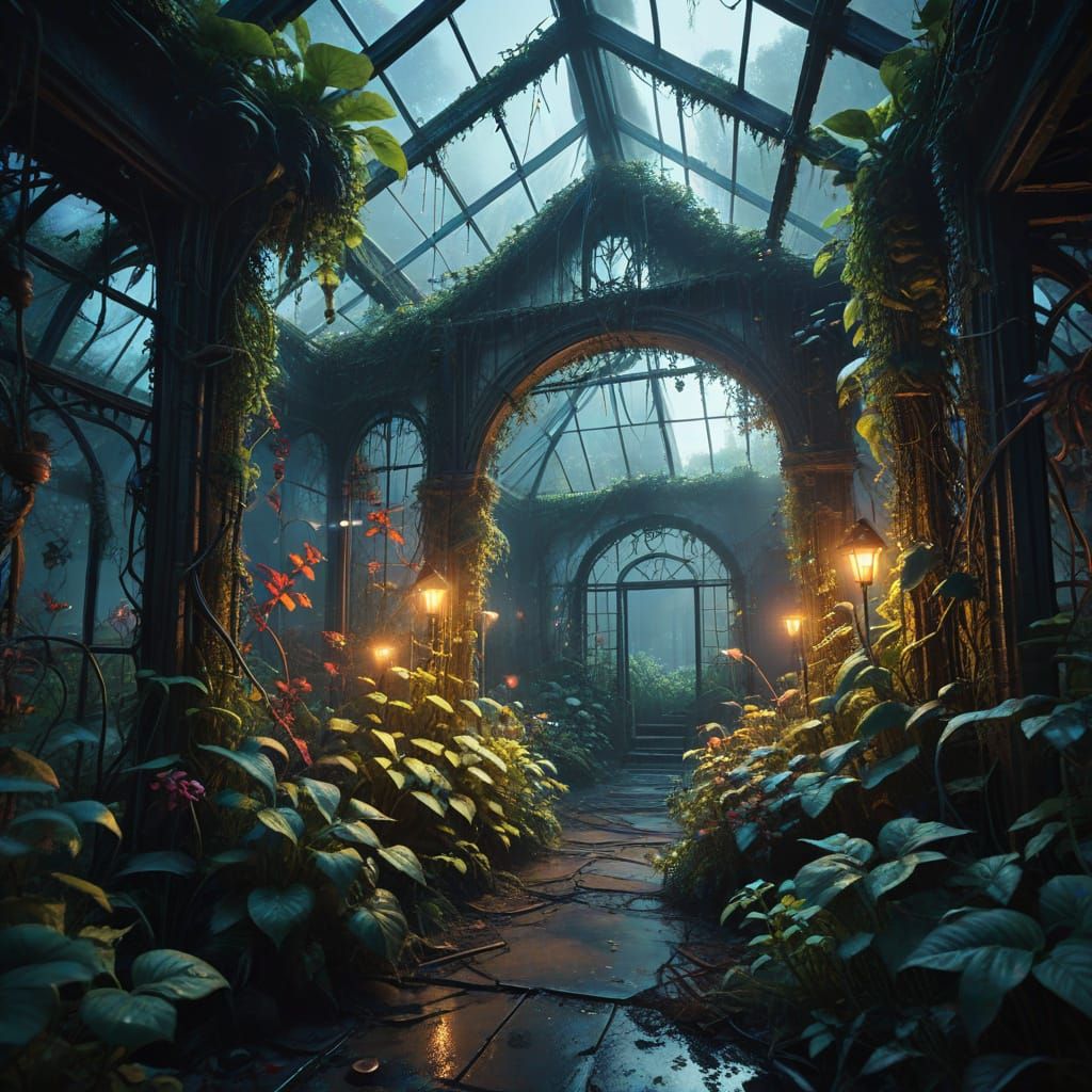Lush Greenhouse with Glowing Plants in Digital Art