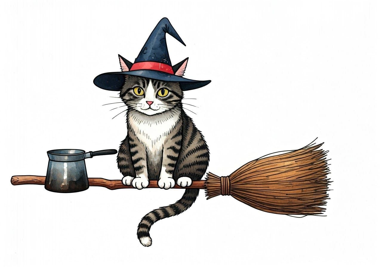 Whimsical Witch Cat on Broomstick Illustration