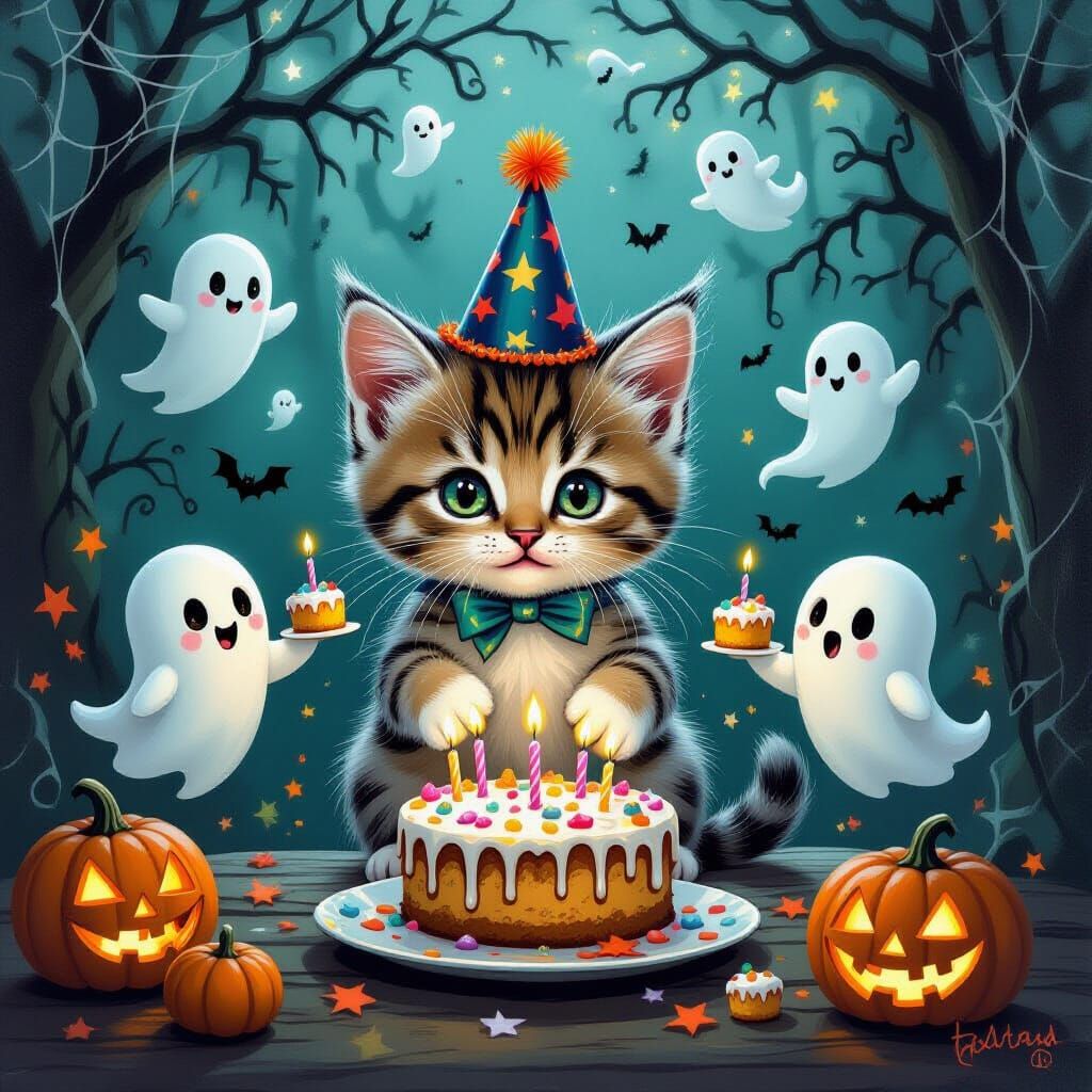 Cute Kitten Birthday Party with Ghosts Neo-Impressionist Sty...