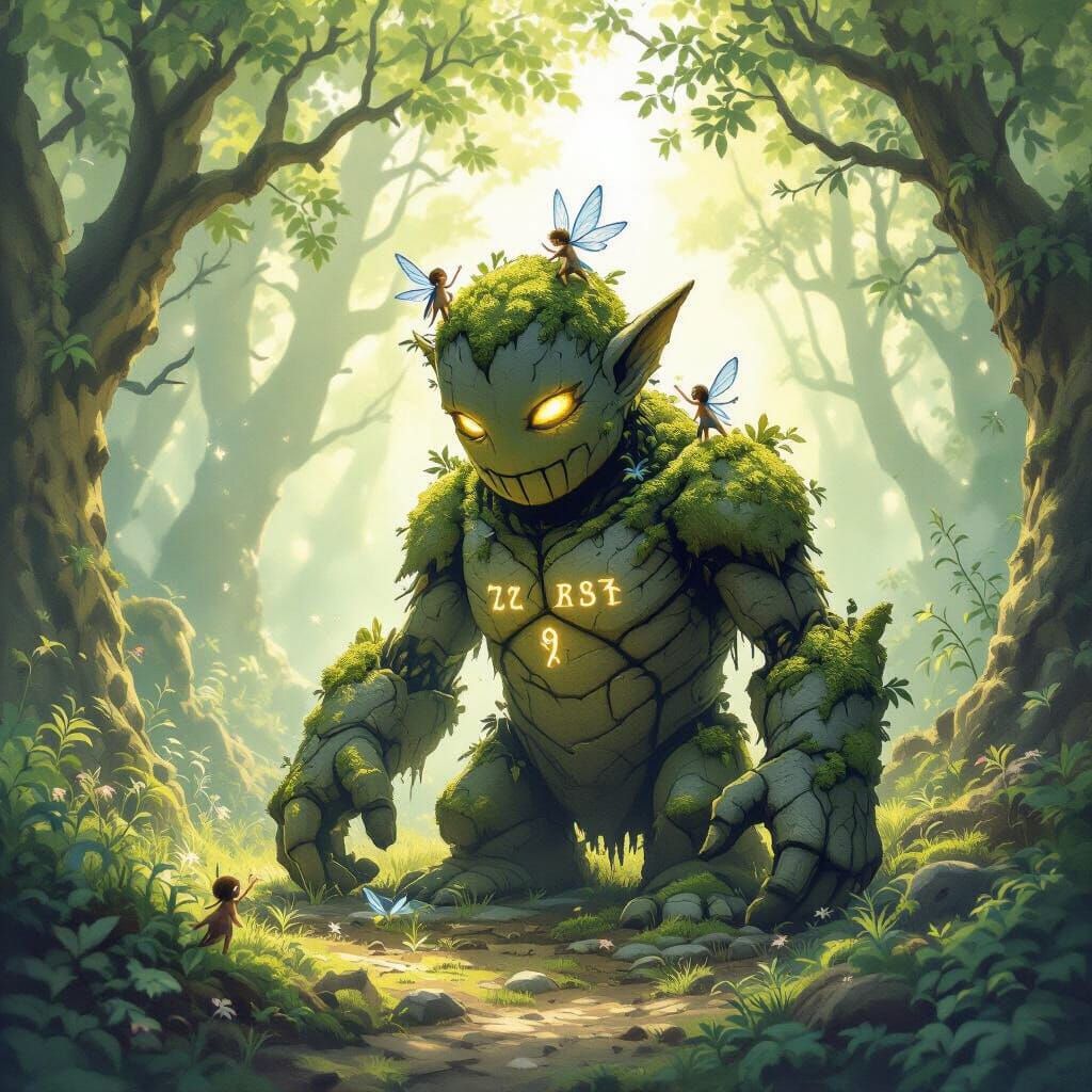 Mossy Stone Golem Awakens in Sunlit Enchanted Forest