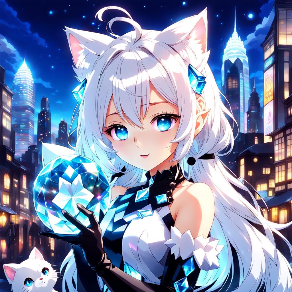 Anime Crystal Girl with Cat Ears in Cityscape