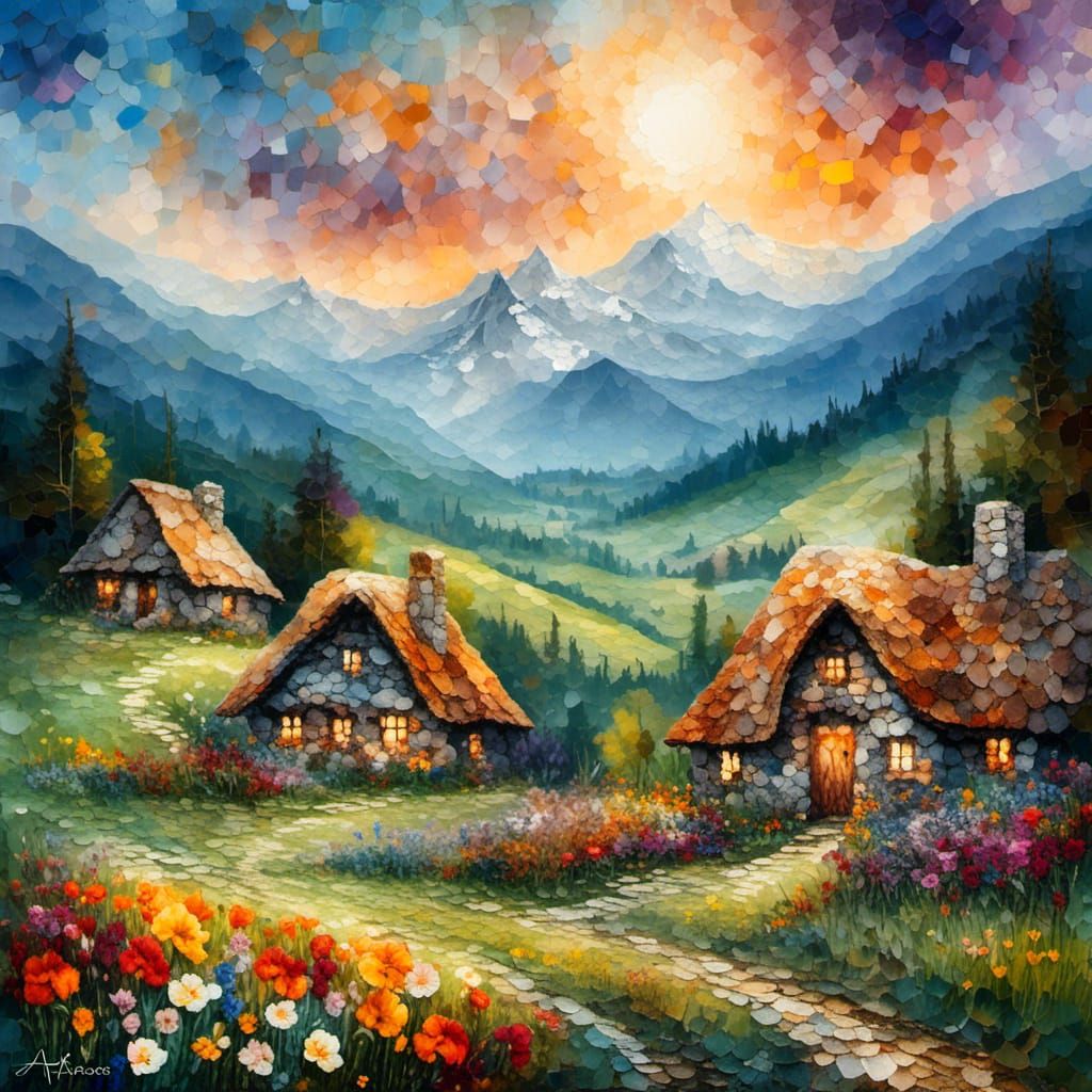 Picturesque Hobbit Village in Pebble Art Style