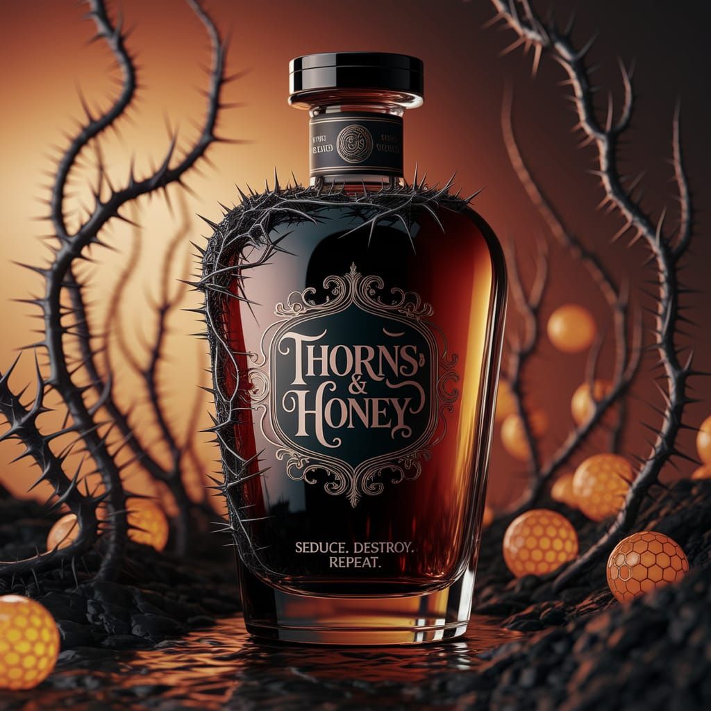 Seductive Dark Perfume Bottle in Iridescent Honey and Thorns