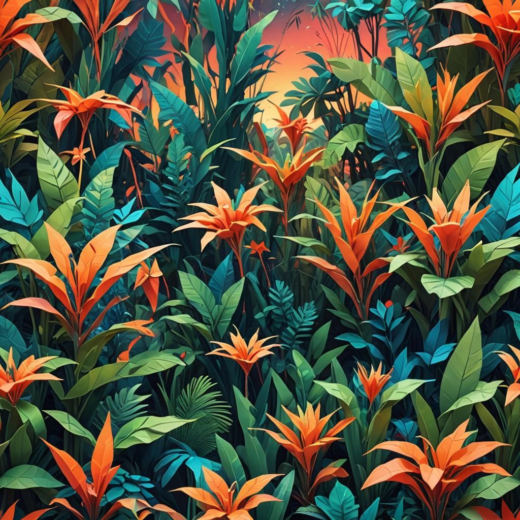 A high-energy, saturated landscape with vivid colors—electric blues, fiery oranges, and glowing greens. A jungle with ex...