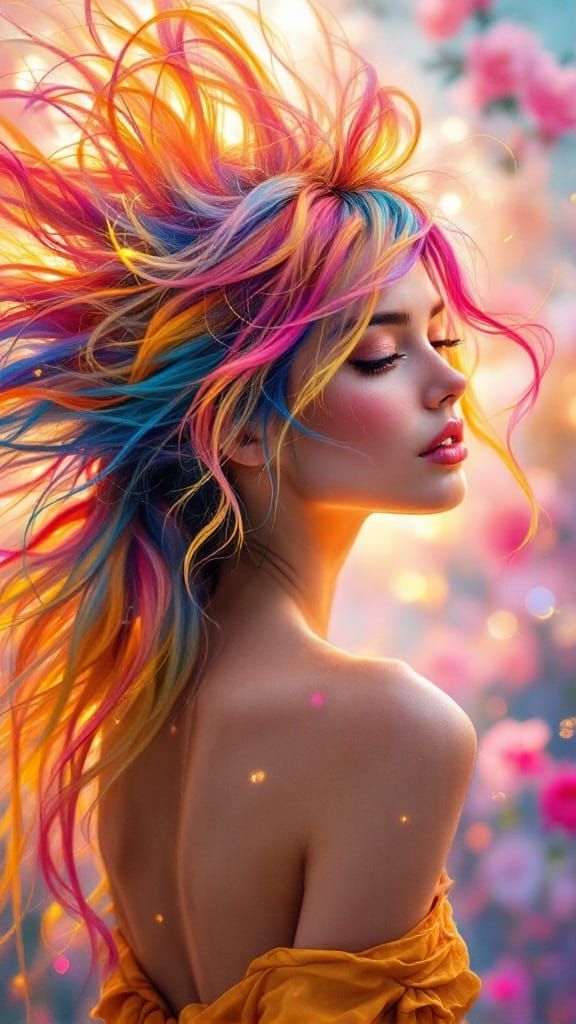 Woman in Vibrant Hair with Soft Floral Background