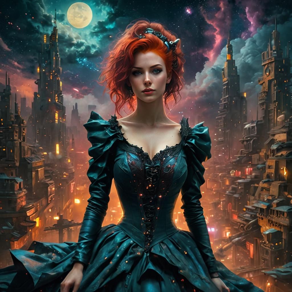 Gorgeous Redhead in Starlight Gown, Cyberpunk Art